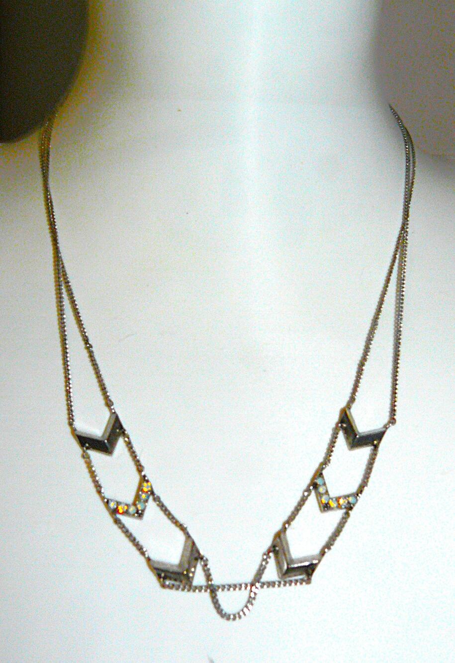 The 2Bandits Chevron-Style Silver Tone Crystal Necklace Adj Chain 18 Inches